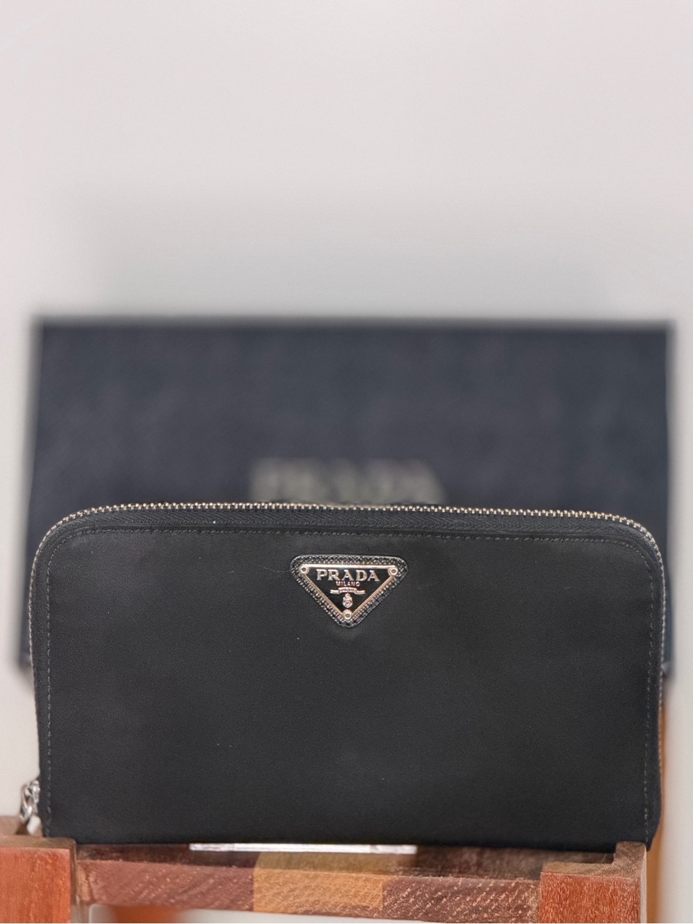 Prada Black Zip-Around Leather Wallet with Metal Triangle Logo